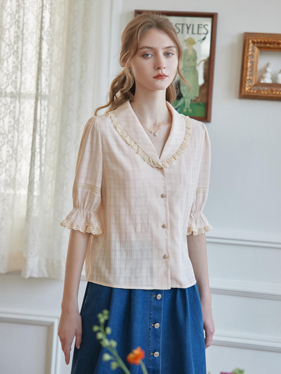 Loane V-neck Lace Pink Plaid Blouse