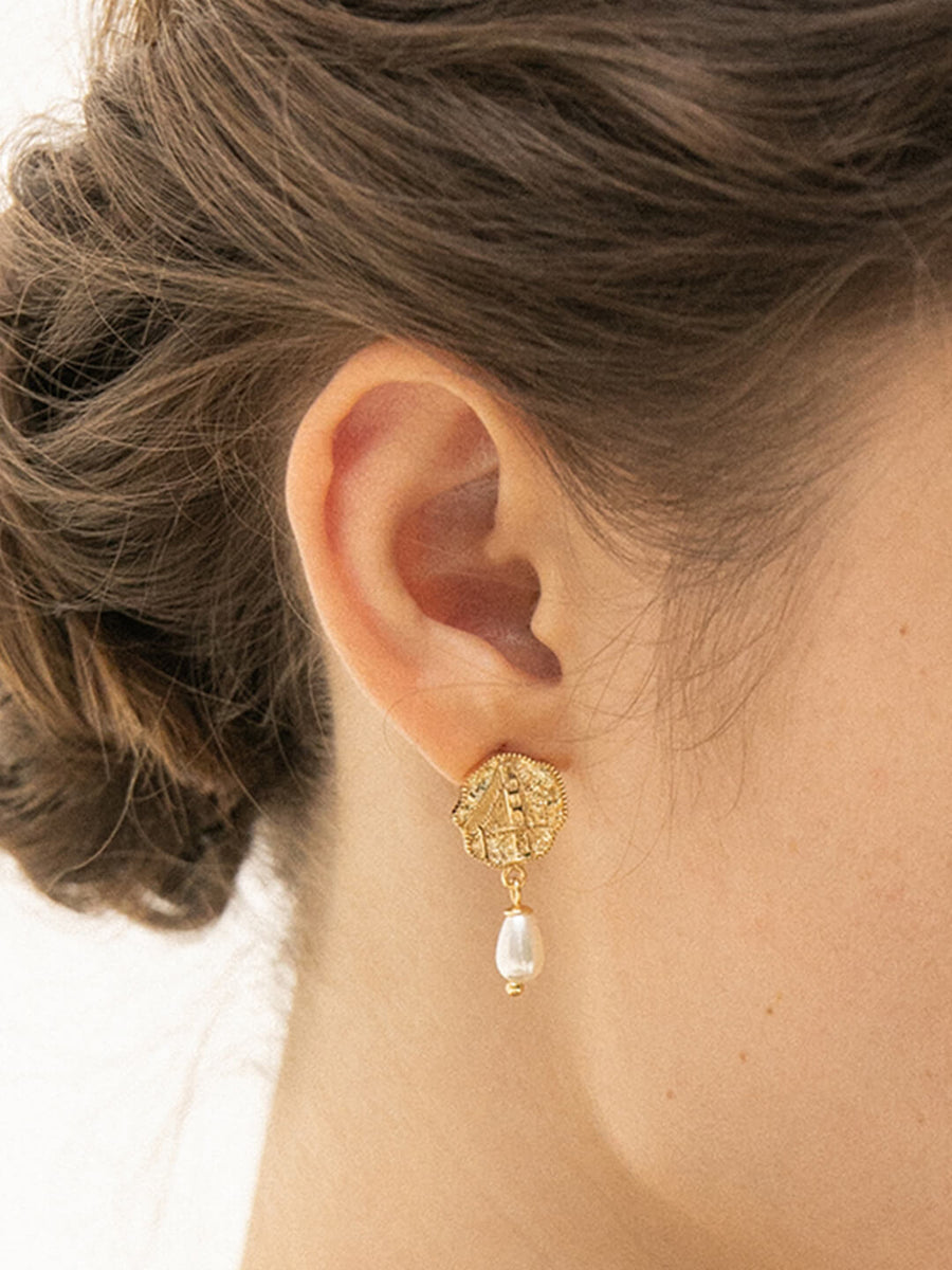 Engraved Coin Pearl Earrings