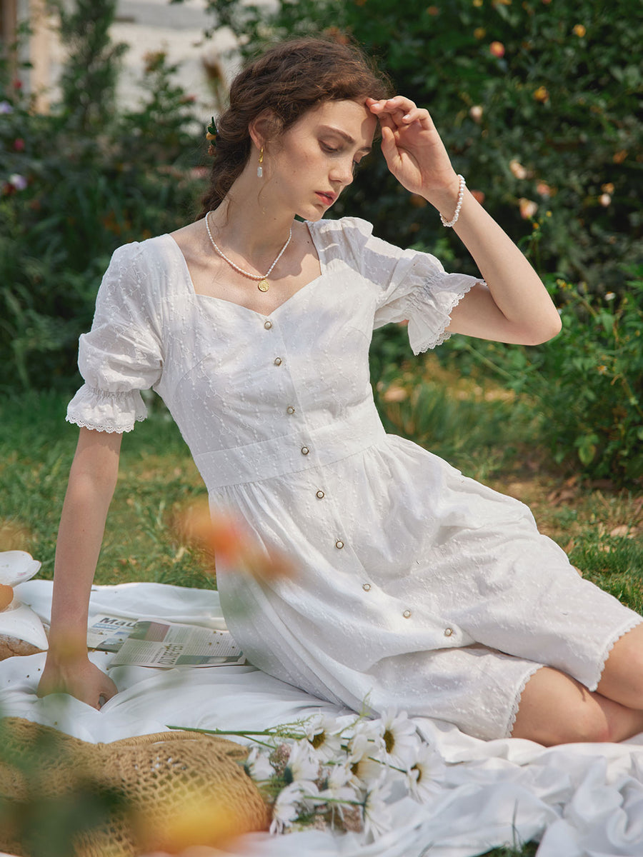 Victorian 100% Cotton Embroidery Midi Dress