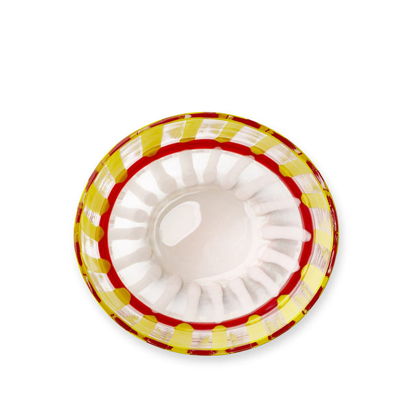 Set of Eight Handblown Double Stripe Glass Tumblers in Lemon Yellow, Red & White