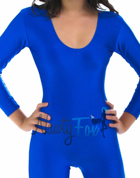 NawtyFox Shiny Stretchy Spandex Blue Scoop Neck Long Sleeve Unitard Dancewear Bodysuit