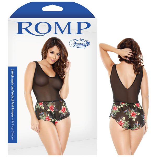 ROMP STRETCH MESH & TROPICAL PRINT ROMPER WITH SNAP CLOSURE