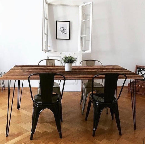 distressed wood hairpin leg dining table