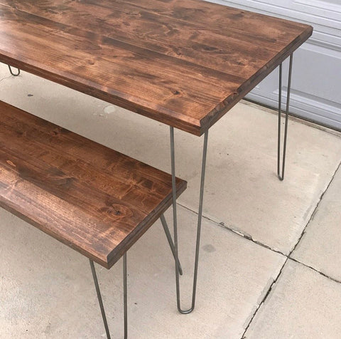 beveled wood hairpin legs dining table with bench 