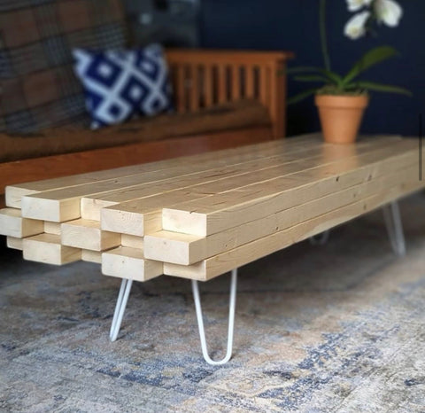 diy wood lumber stack coffee table on hairpin legs