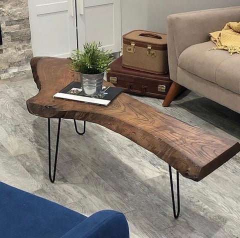 asymmetrical live edge hairpin coffee table