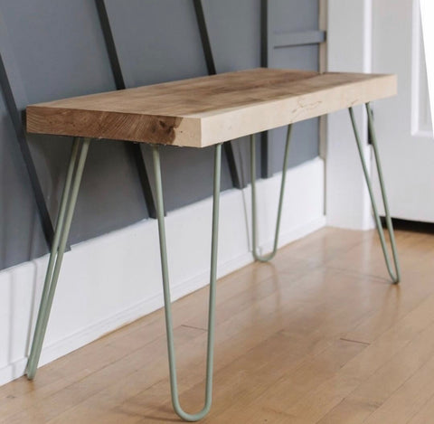 raw wood bench on spray painted hairpin legs