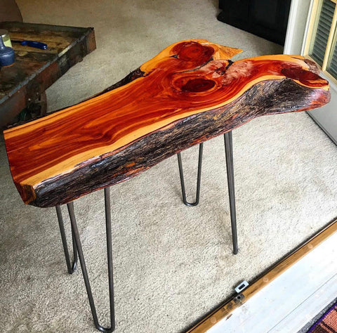 modern thick slab live edge hairpin coffee table