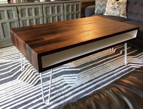 two toned coffee table with storage and hairpin legs