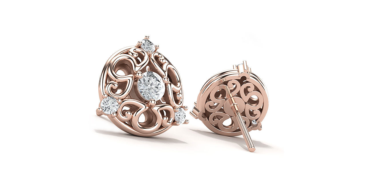 Front and back view of rose gold and diamond bridal stud earrings, featuring an a/g initials symbol that creates a unique filigree pattern