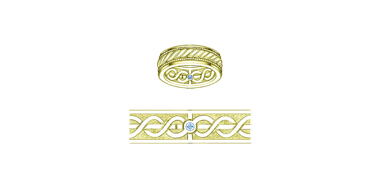 A drawing of a yellow gold mens wedding band with a cord of three strands design on the inside and outside.