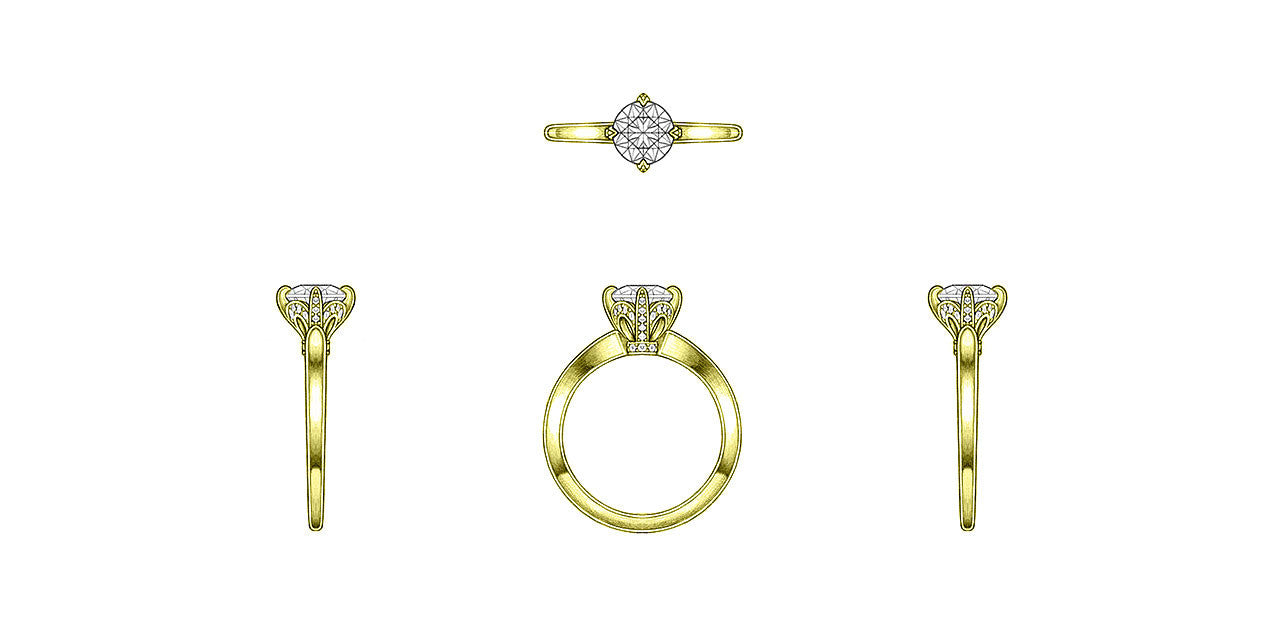 Drawings of a solitaire engagement ring with diamonds set in the prongs.