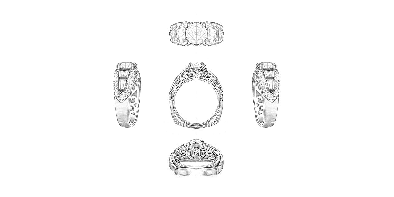 Drawings of a platinum and diamond wide wedding ring with a round center diamond and a baguette diamond band bordered by round diamonds. A script initial M is in the undergallery.