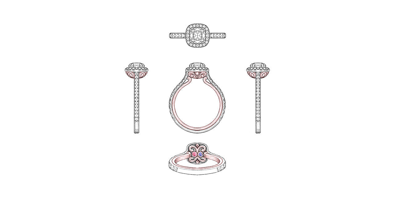 Drawings of an open scroll two-tone engagement ring with diamonds and birthstones
