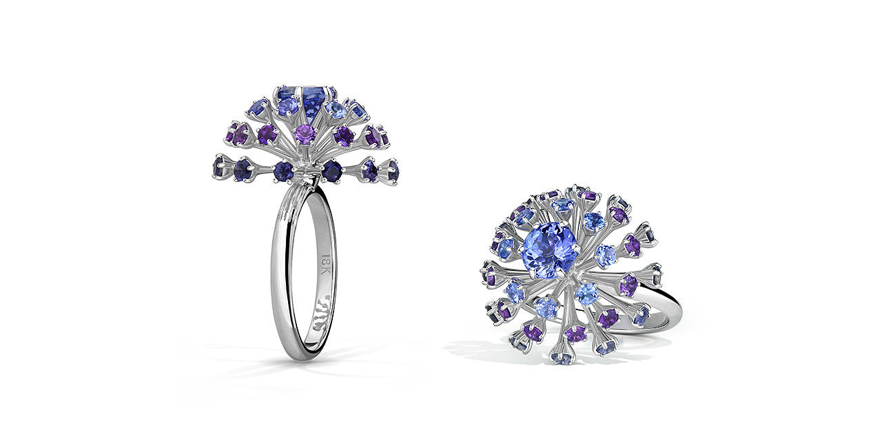 A top view and through view of a Tanzanite ring made to look like a spark or firework
