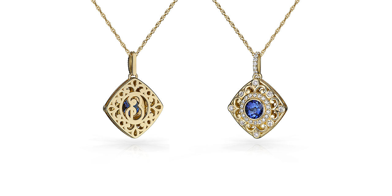 Back and front pictures of a yellow gold Tanzanite pendant with a soft square shape and filigree and diamond details.