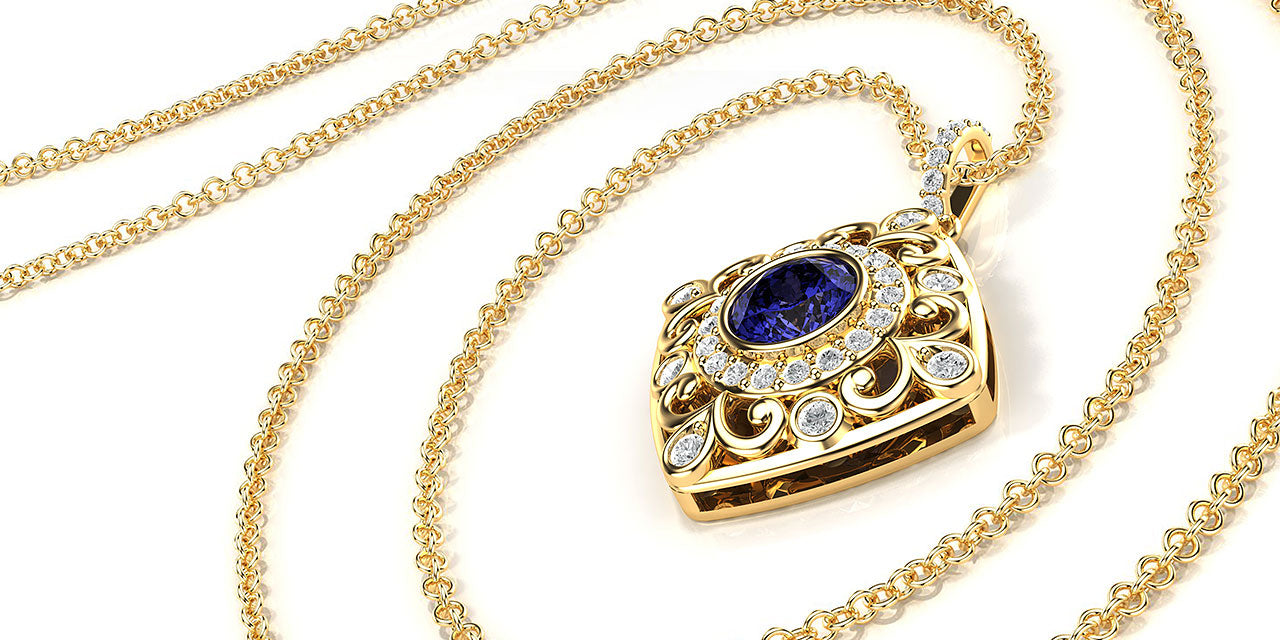 A perspective rendering of a yellow gold Tanzanite pendant with a soft square shape and filigree and diamond details.