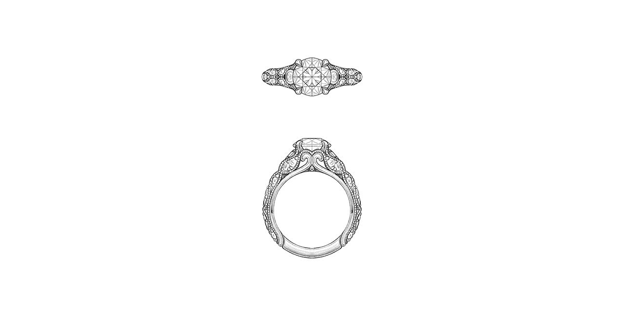 Drawings of a vintage style diamond engagement ring with leaf and petal inspired shapes forming the sides of the ring.