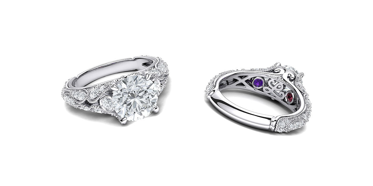 Top and underneath views of a vintage style diamond engagement ring with leaf and petal inspired shapes forming the sides of the ring, with surprise birthstones underneath.
