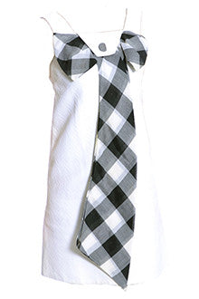 1960s White Dress with Black and White Plaid Bow