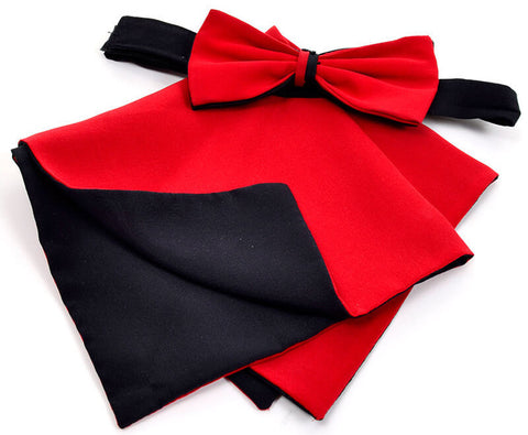 Vintage Red Black Silk Tie with Pocket Square