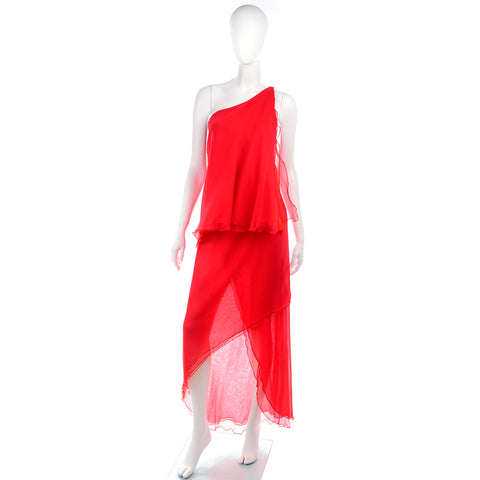 Victor Costa Red Vintage One Shoulder Chiffon Dress