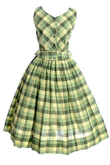 2 Piece 1950's Green and Yellow Plaid Dress