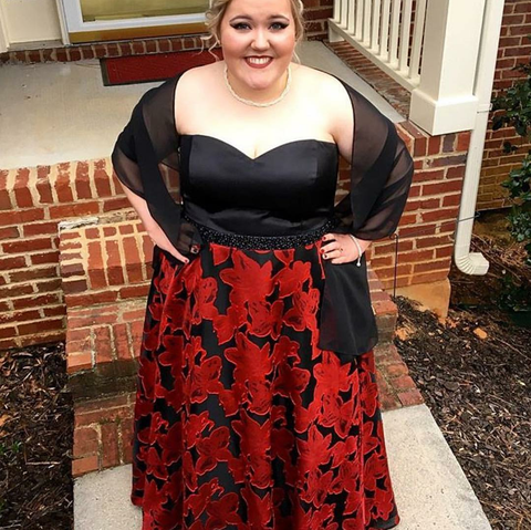 black and red floral print plus size dress with strapless bodice