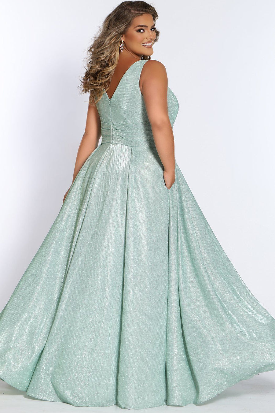 SC7324 Sydney's Prom by Sydney's Closet aline prom dress with v neckline and bra friendly straps shimmer metallic fabric with zipper back available in capri orchid and sage