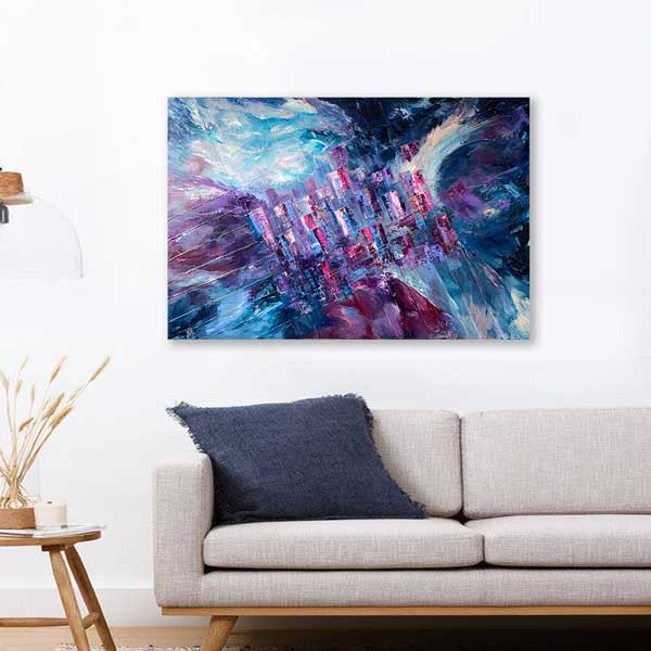 Original blue purple abstract cityscape painting on canvas by Jayne Leighton Herd 