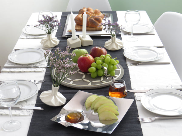 Rosh Hashana Table decoration with contemporary Judaica from Israeli artists