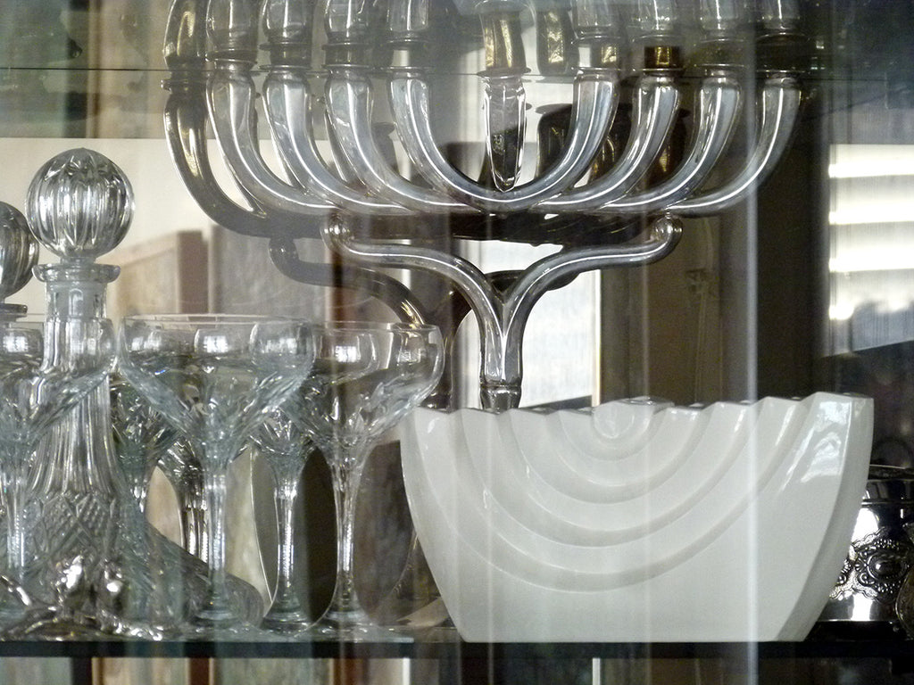 Modern Hanukkah Menorah. Handmade of ceramic, traditional silver Judaica