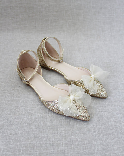 Gold Rock Glitter Ankle Strap Flats with Organza Bow - Women Shoes