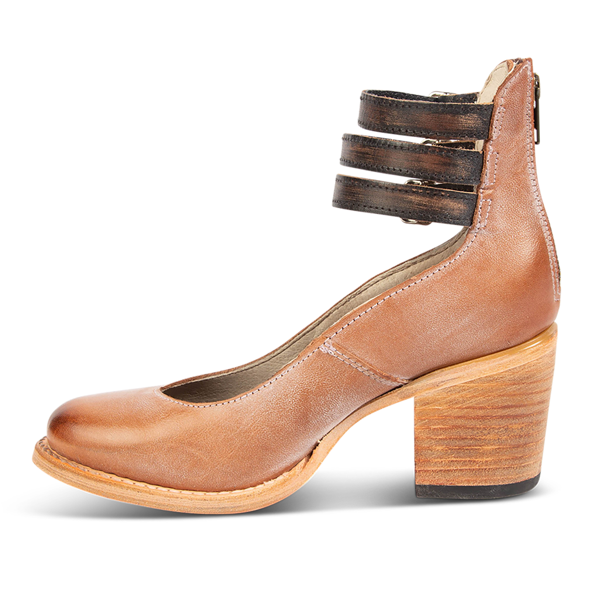 Inside view showing an open construction and wood heel with three adjustable ankle straps on FREEBIRD women’s Randi dusty rose shoe
