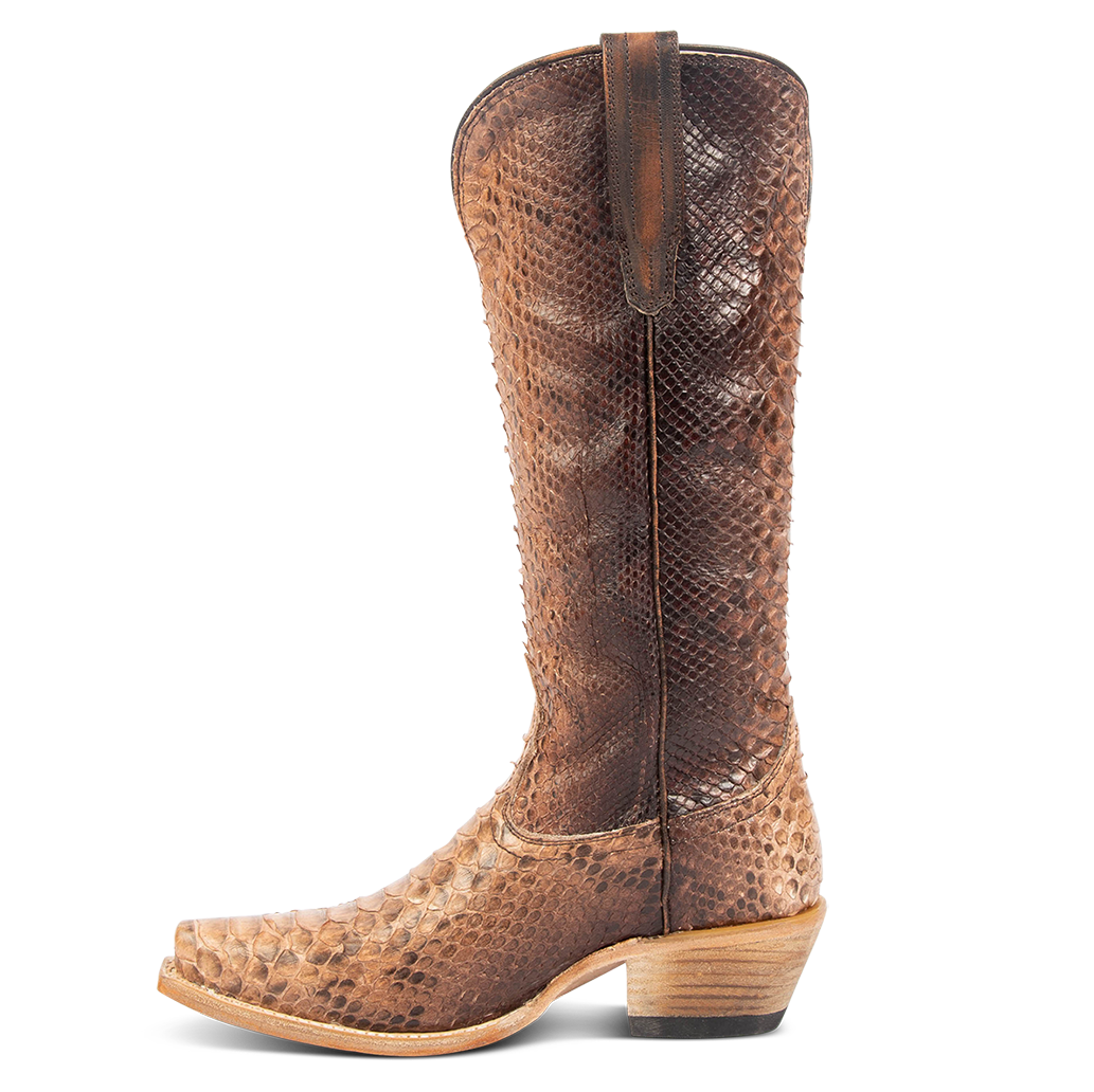 Side view showing leather pull straps and western stitch detailing on FREEBIRD women's Woodland peach python leather boot