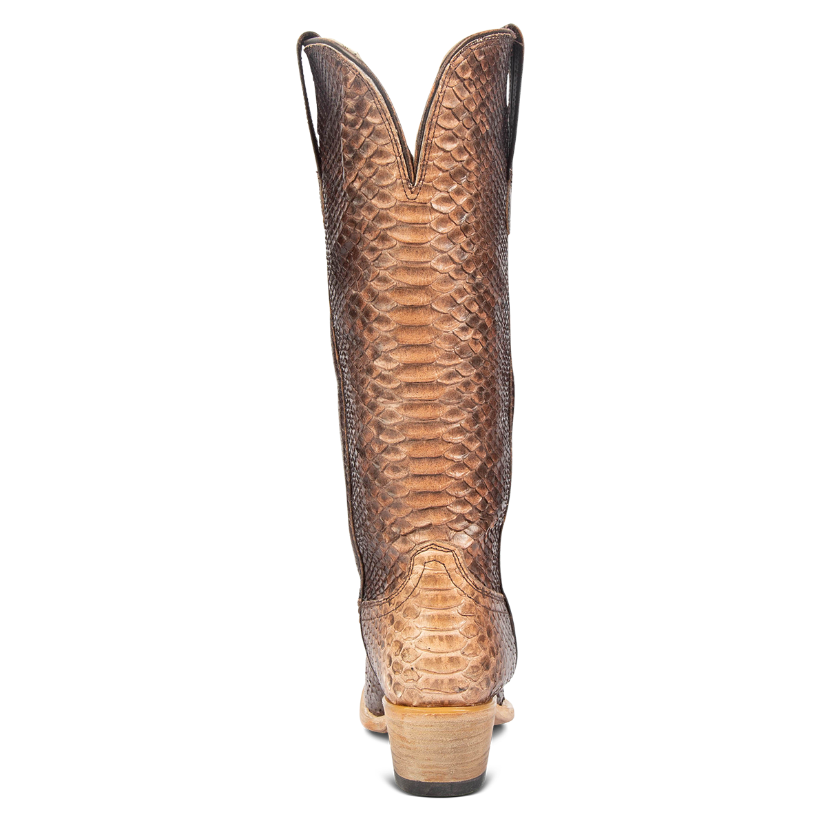 Back view showing back dip and leather heel with western stitch detailing on FREEBIRD women's Woodland peach python leather boot