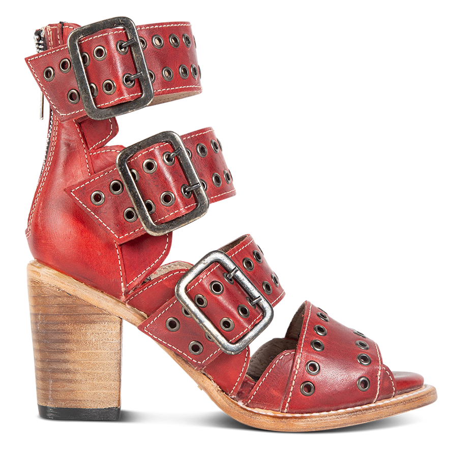 FREEBIRD women's Blake red sandal with thick straps, metal eyelets and high-heel