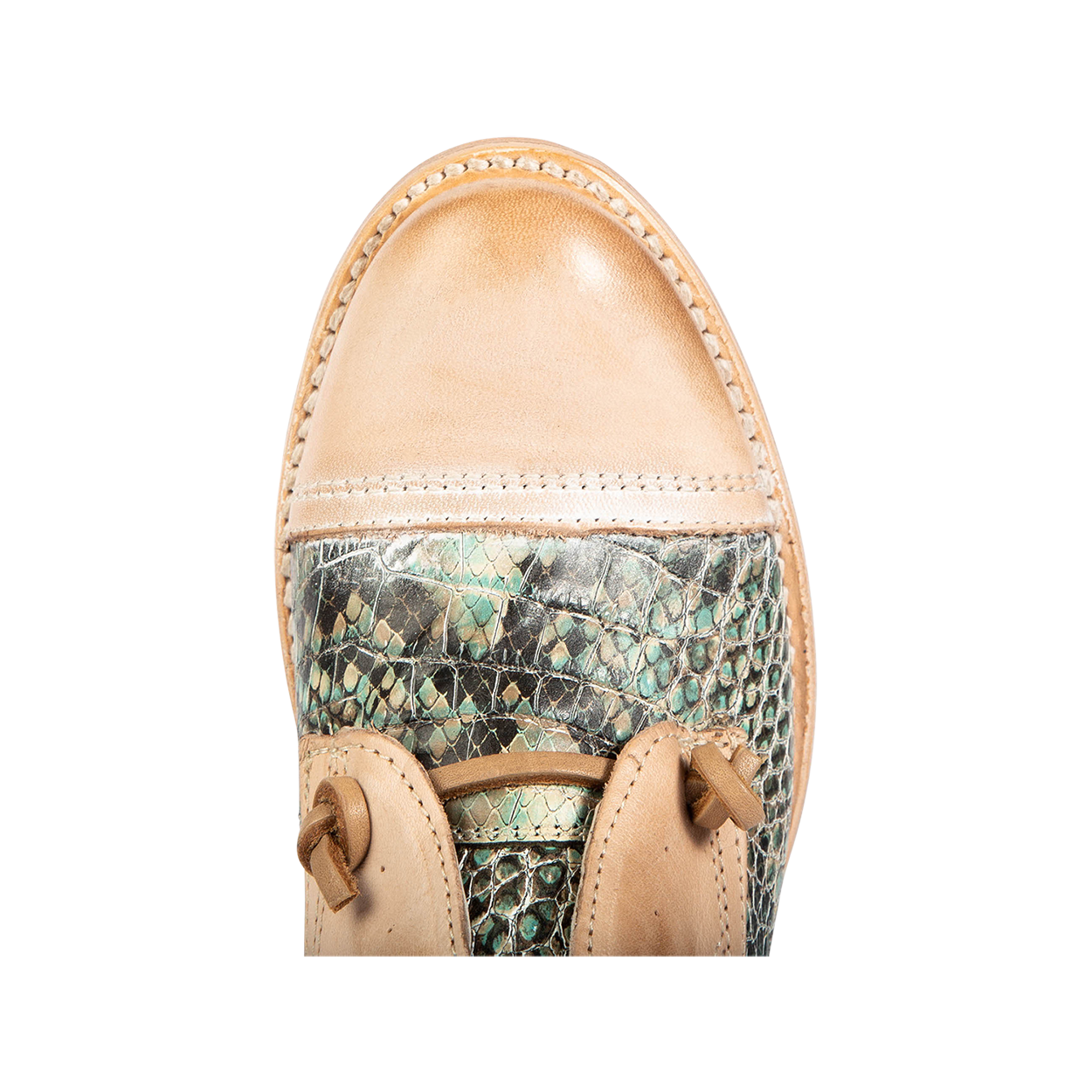 Top view showing almond toe and decorative knotted leather lace on FREEBIRD women's Mabel turquoise multi shoe
