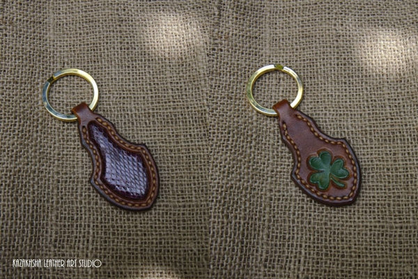 Shamrock Key Fob with snakeskin inlays - brown with Shamrock tooled design - Kazakhsha Leather Art Studio