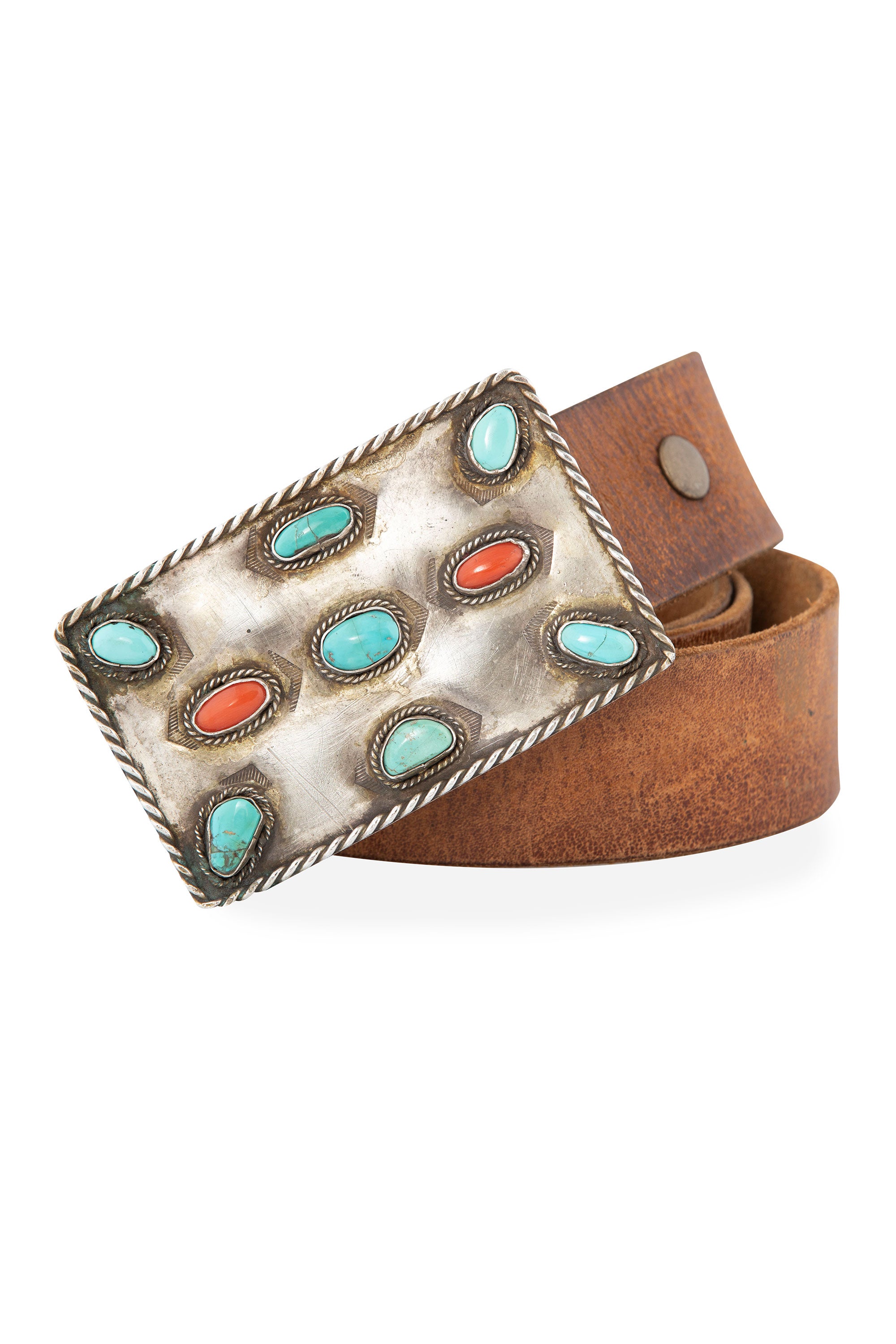 Belt, Buckle, Turquoise & Coral, Leather Strap, Vintage, 678