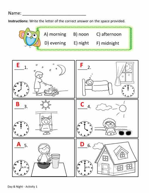time worksheets - day and night activity