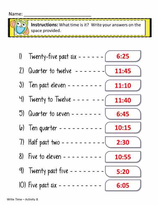 time worksheets in words