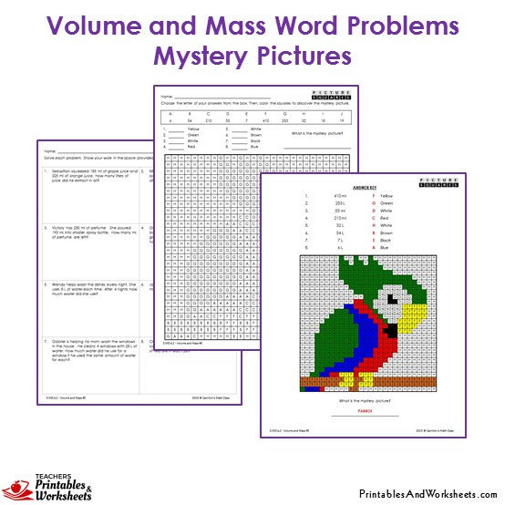 3rd Grade Volume and Mass Word Problems Coloring Worksheets