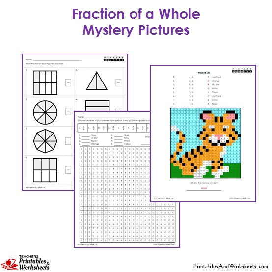 3rd Grade Fractions of a Whole Mystery Pictures Coloring Worksheets