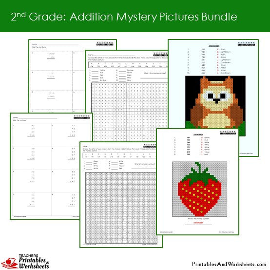 2nd Grade Addition Mystery Pictures Coloring Worksheets Bundle