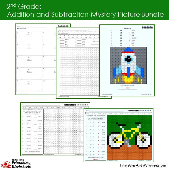 2nd Grade Addition and Subtraction Mystery Picture Coloring Worksheets
