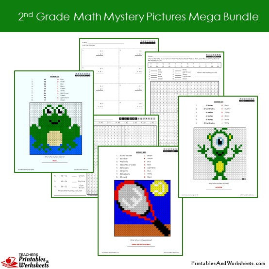 2nd Grade Math Mystery Pictures Coloring Worksheets Mega Bundle