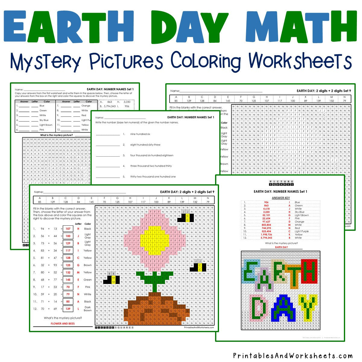 Earth Day Math Coloring Worksheets Bundle - Printables & Worksheets