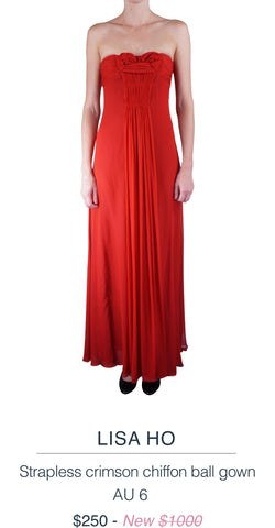 LISA OH Strapless crimson chiffon ball gown