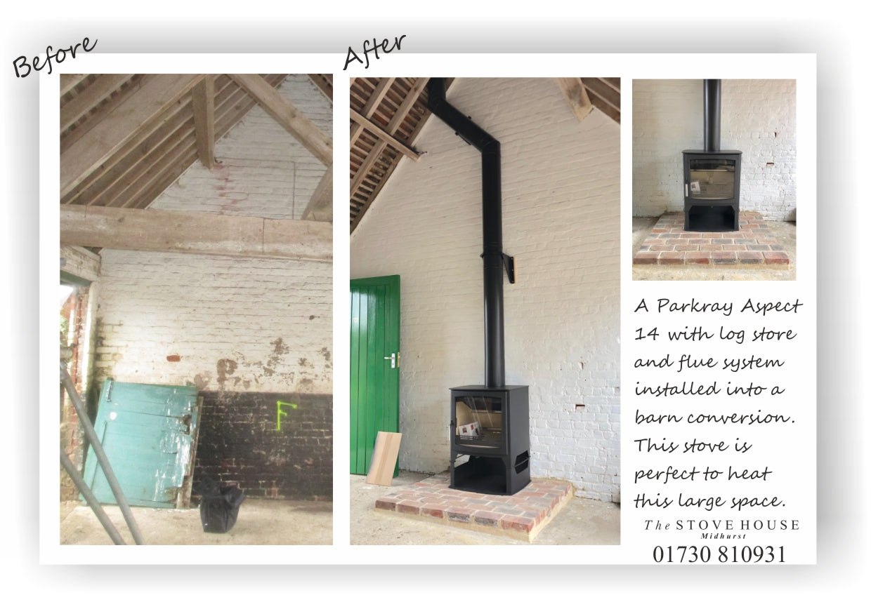 Parkray Aspect 14 with log store / stand, installation before and after by The Stove House 01730 810931